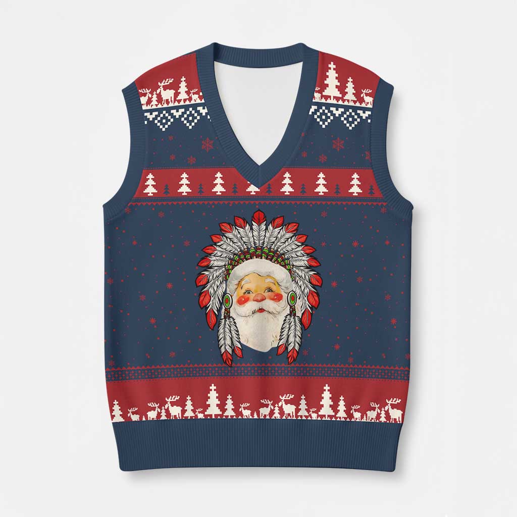Funny Xmas Native American Indian Santa War Bonnet V-Neck Knit Sweater Vest TS11 Navy Red Print Your Wear