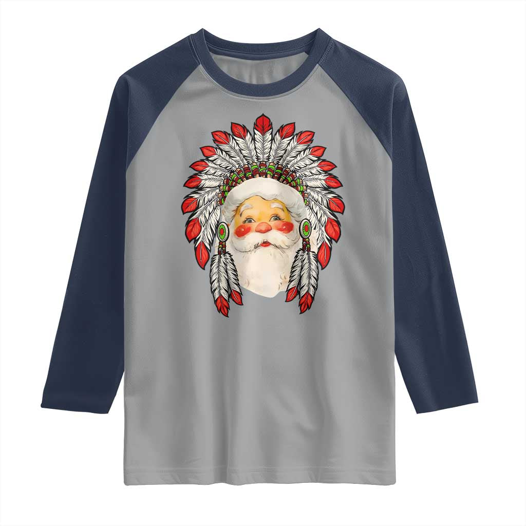 Funny Christmas Native American Indian Santa War Bonnet Raglan Shirt TS11 Sport Gray Navy Print Your Wear