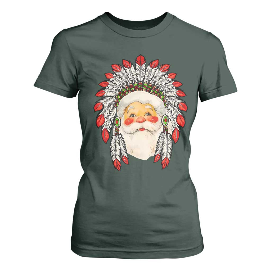 Funny Christmas Native American Indian Santa War Bonnet T Shirt For Women TS11 Dark Forest Green Print Your Wear