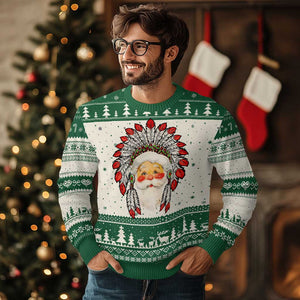 Funny Xmas Native American Indian Santa War Bonnet Ugly Christmas Sweater TS11 Green Print Your Wear