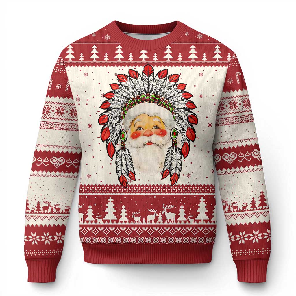 Funny Xmas Native American Indian Santa War Bonnet Ugly Christmas Sweater TS11 Red Print Your Wear