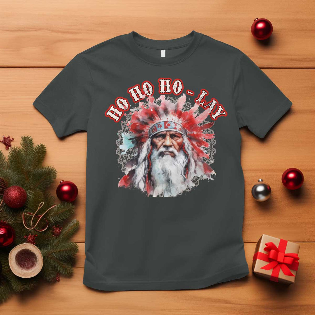 Funny Christmas Native American T Shirt Ho Ho Lay War Bonnet Santa Indian Tribes TS11 Dark Heather Print Your Wear