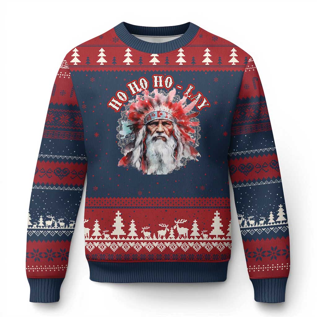 Funny Xmas Native American Ugly Christmas Sweater Ho Ho Lay War Bonnet Santa Indian Tribes TS11 Navy Red Print Your Wear