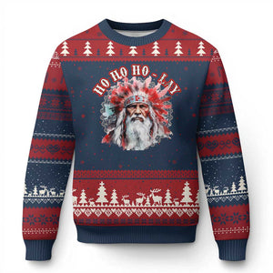 Funny Xmas Native American Ugly Christmas Sweater Ho Ho Lay War Bonnet Santa Indian Tribes TS11 Navy Red Print Your Wear