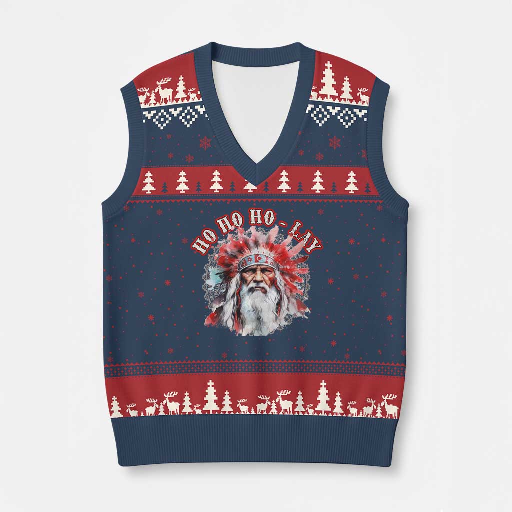Funny Xmas Native American V-Neck Knit Sweater Vest Ho Ho Lay War Bonnet Santa Indian Tribes TS11 Navy Red Print Your Wear