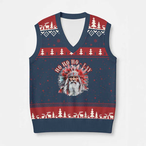 Funny Xmas Native American V-Neck Knit Sweater Vest Ho Ho Lay War Bonnet Santa Indian Tribes TS11 Navy Red Print Your Wear