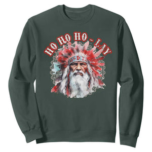 Funny Christmas Native American Sweatshirt Ho Ho Lay War Bonnet Santa Indian Tribes TS11 Dark Forest Green Print Your Wear