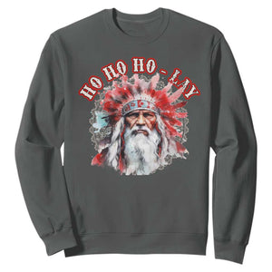 Funny Christmas Native American Sweatshirt Ho Ho Lay War Bonnet Santa Indian Tribes TS11 Dark Heather Print Your Wear