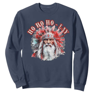 Funny Christmas Native American Sweatshirt Ho Ho Lay War Bonnet Santa Indian Tribes TS11 Navy Print Your Wear