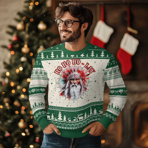 Funny Christmas Native American Ugly Christmas Sweater Ho Ho Lay War Bonnet Santa Indian Tribes TS11 Green Print Your Wear