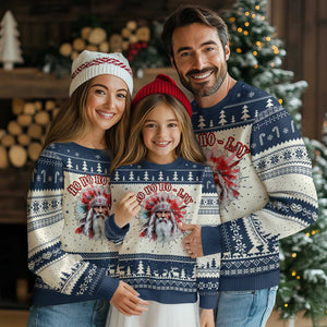Funny Christmas Native American Ugly Christmas Sweater Ho Ho Lay War Bonnet Santa Indian Tribes TS11 Navy Print Your Wear