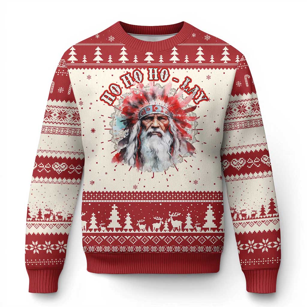 Funny Christmas Native American Ugly Christmas Sweater Ho Ho Lay War Bonnet Santa Indian Tribes TS11 Red Print Your Wear