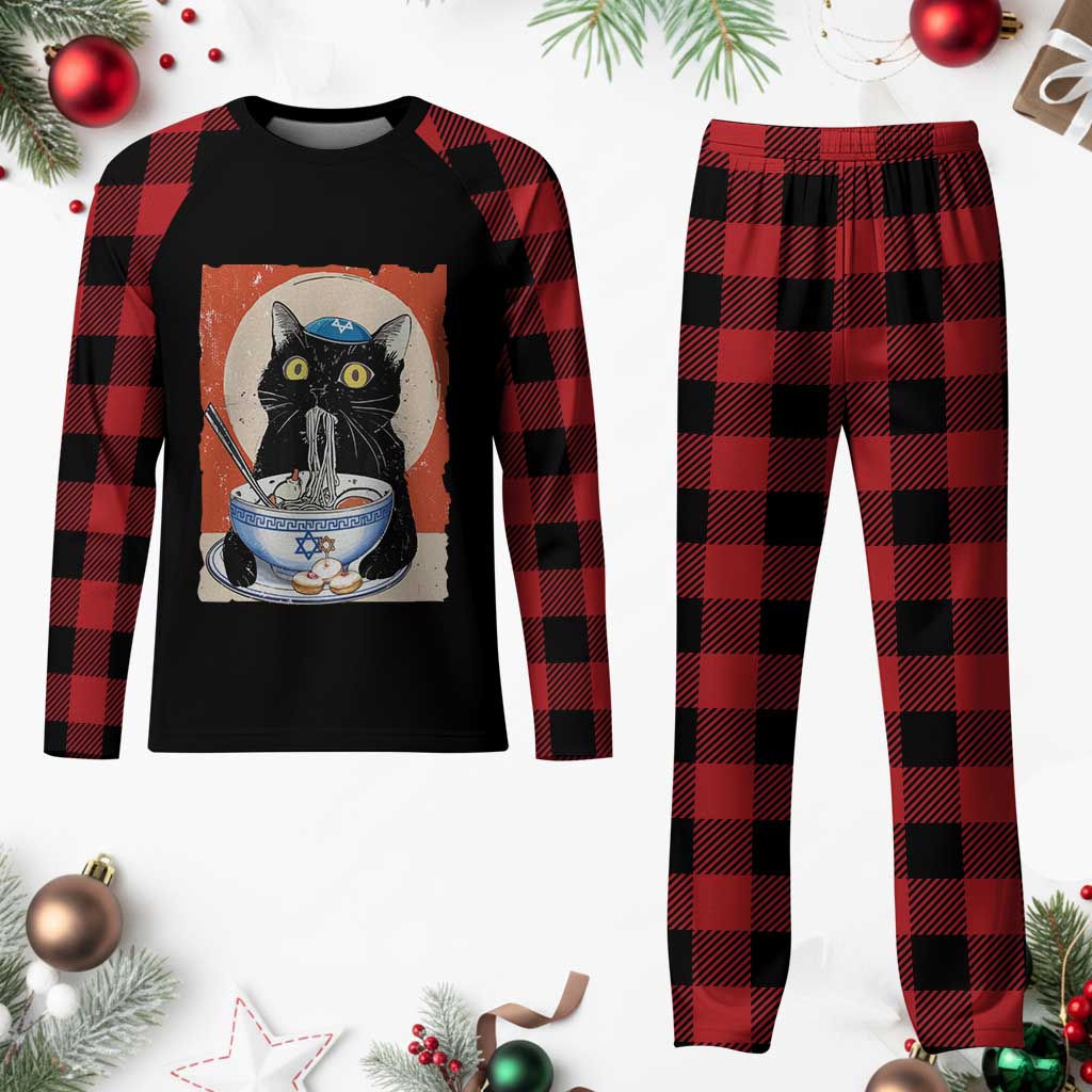 Funny Hanukkah Black Cat Eating Noodle Plaid Pajama Set TS11 Buffalo Plaid Print Your Wear