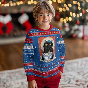 Funny Chanukah Black Cat Eating Noodle Hanukkah Ugly Sweater TS11 Blue Red Print Your Wear