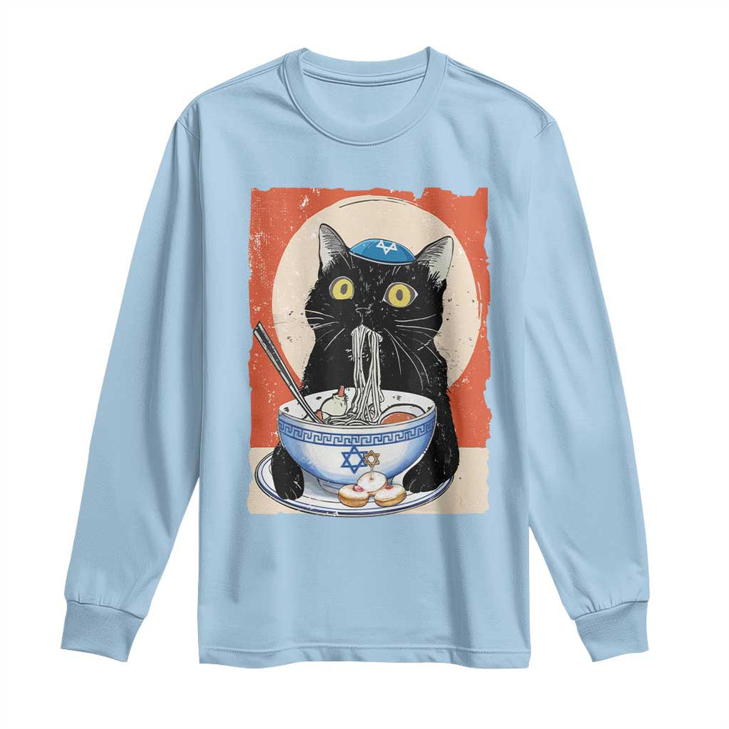 Funny Hanukkah Black Cat Eating Noodle Long Sleeve Shirt TS11 Light Blue Print Your Wear