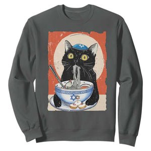 Funny Hanukkah Black Cat Eating Noodle Sweatshirt TS11 Dark Heather Print Your Wear