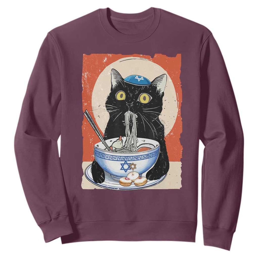 Funny Hanukkah Black Cat Eating Noodle Sweatshirt TS11 Maroon Print Your Wear
