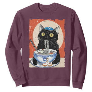 Funny Hanukkah Black Cat Eating Noodle Sweatshirt TS11 Maroon Print Your Wear