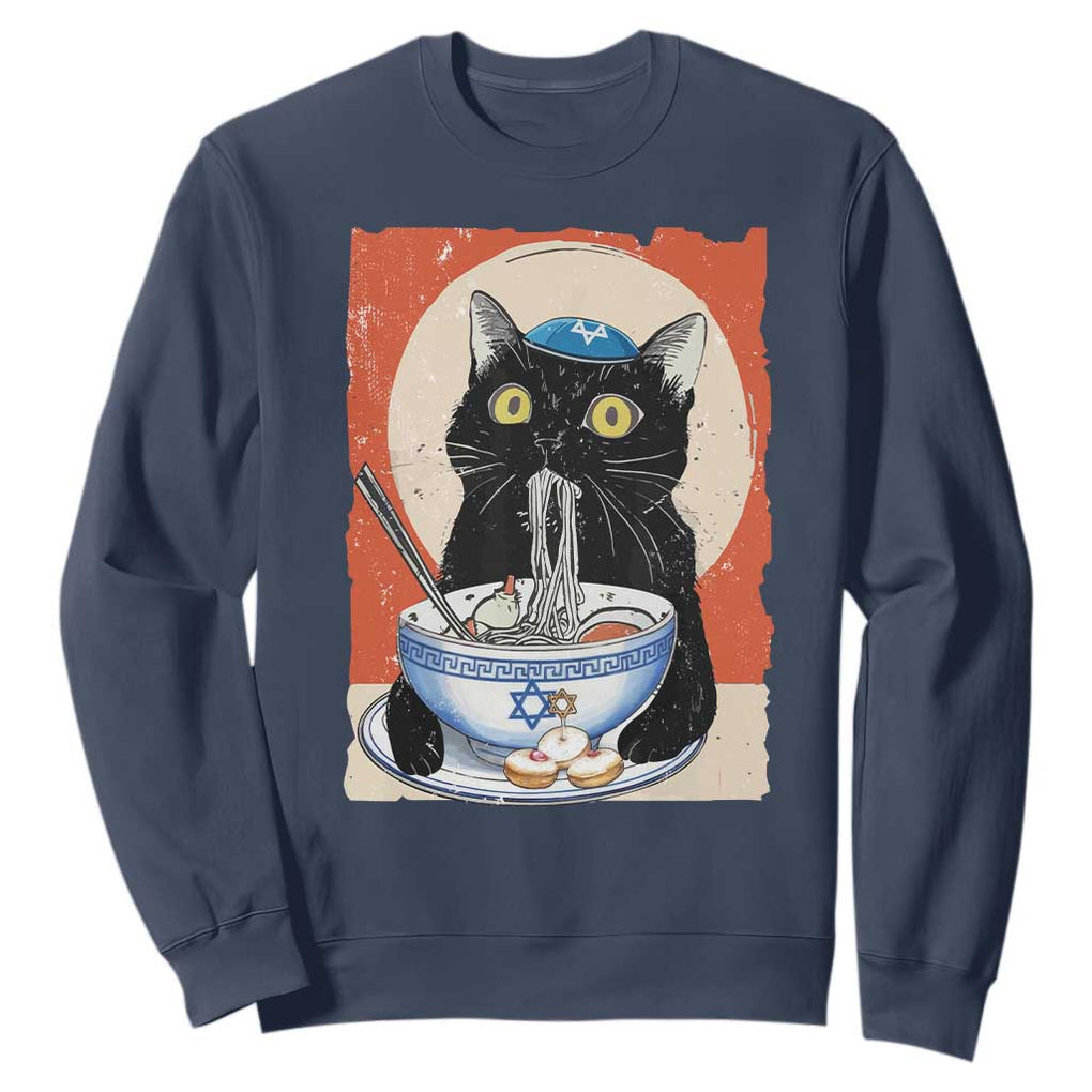 Funny Hanukkah Black Cat Eating Noodle Sweatshirt TS11 Navy Print Your Wear