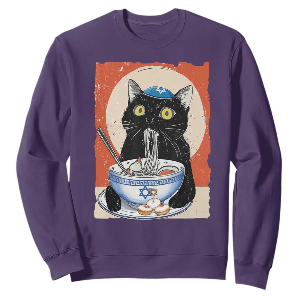 Funny Hanukkah Black Cat Eating Noodle Sweatshirt TS11 Purple Print Your Wear