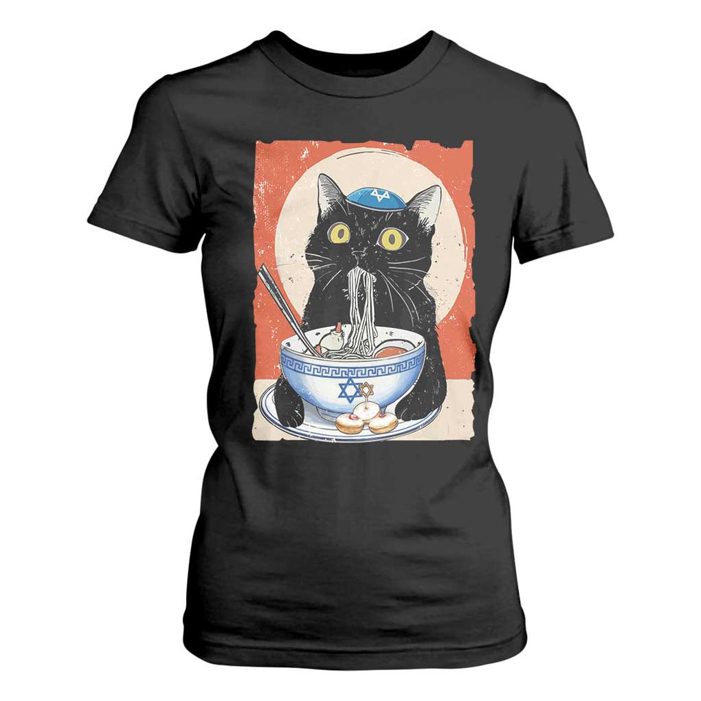 Funny Hanukkah Black Cat Eating Noodle T Shirt For Women TS11 Black Print Your Wear