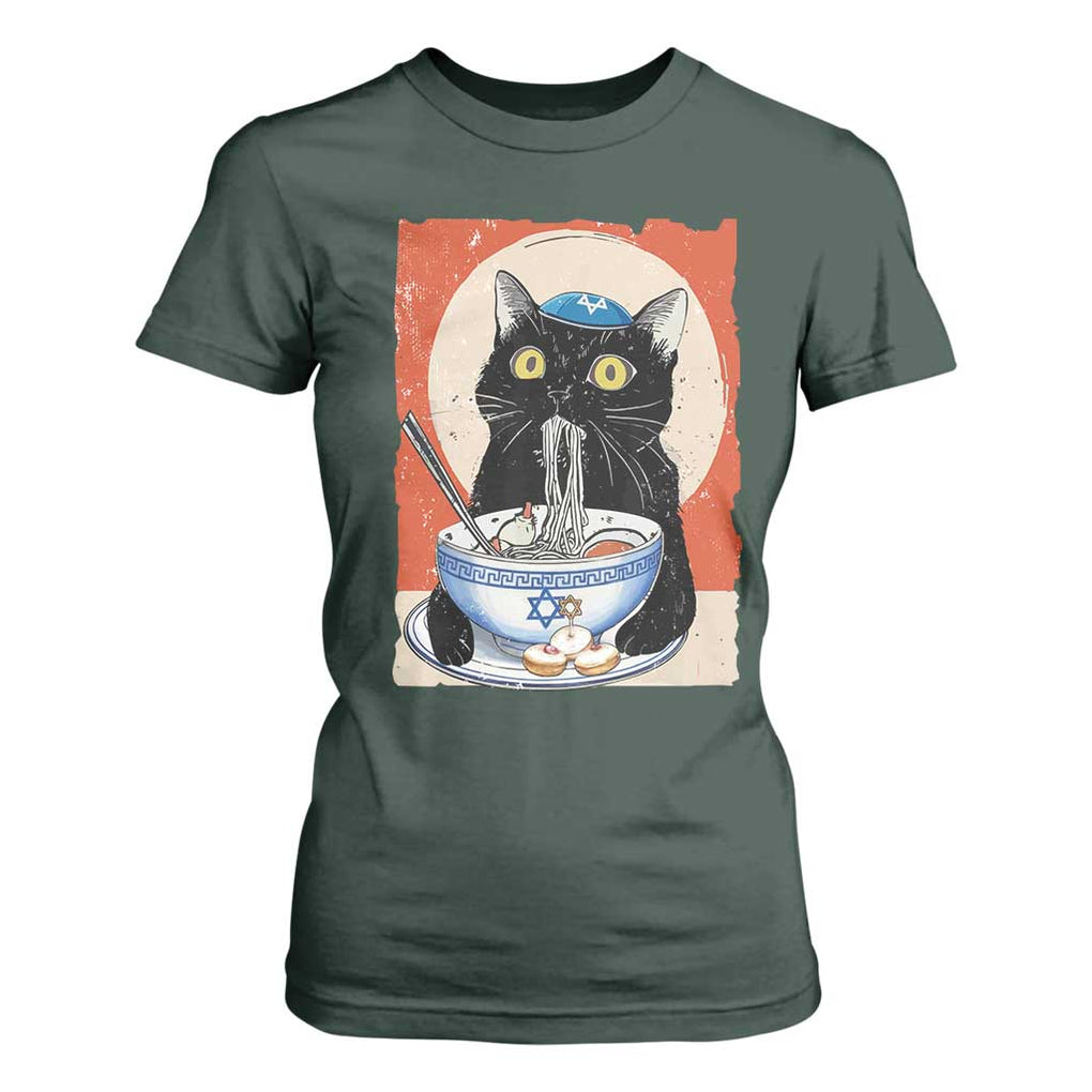 Funny Hanukkah Black Cat Eating Noodle T Shirt For Women TS11 Dark Forest Green Print Your Wear
