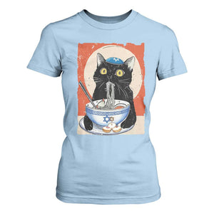 Funny Hanukkah Black Cat Eating Noodle T Shirt For Women TS11 Light Blue Print Your Wear