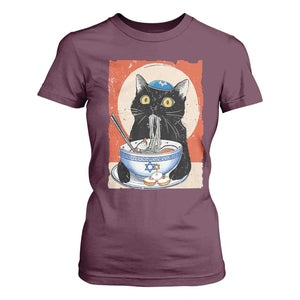 Funny Hanukkah Black Cat Eating Noodle T Shirt For Women TS11 Maroon Print Your Wear