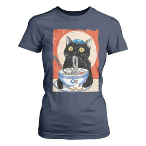Funny Hanukkah Black Cat Eating Noodle T Shirt For Women TS11 Navy Print Your Wear