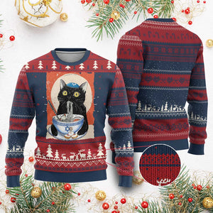 Funny Hanukkah Black Cat Eating Noodle Ugly Christmas Sweater TS11 Burgundy Print Your Wear
