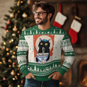 Funny Hanukkah Black Cat Eating Noodle Ugly Christmas Sweater TS11 Green Print Your Wear