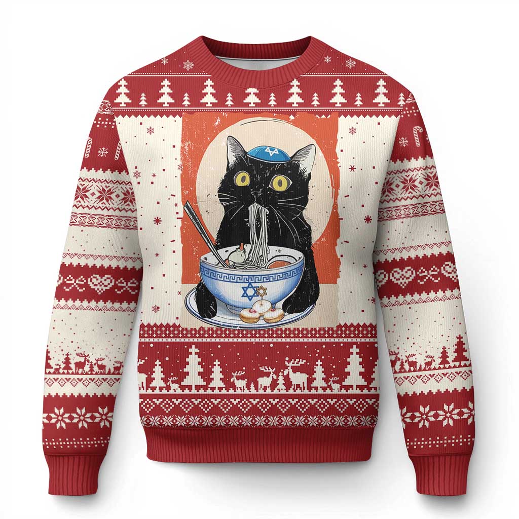 Funny Hanukkah Black Cat Eating Noodle Ugly Christmas Sweater TS11 Red Print Your Wear