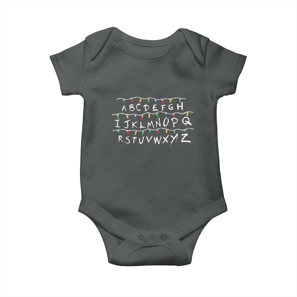 Funny Stranger Christmas Baby Onesie Alphabet Xmas Lights Movie TS11 Dark Heather Print Your Wear