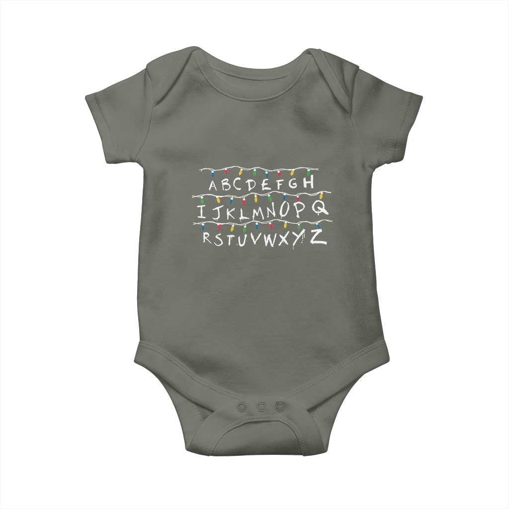 Funny Stranger Christmas Baby Onesie Alphabet Xmas Lights Movie TS11 Military Green Print Your Wear