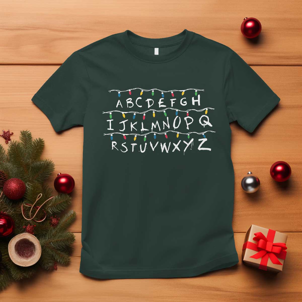 Funny Stranger Christmas T Shirt Alphabet Xmas Lights Movie TS11 Dark Forest Green Print Your Wear