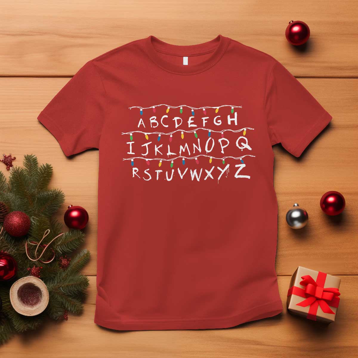 Funny Stranger Christmas T Shirt Alphabet Xmas Lights Movie TS11 Red Print Your Wear