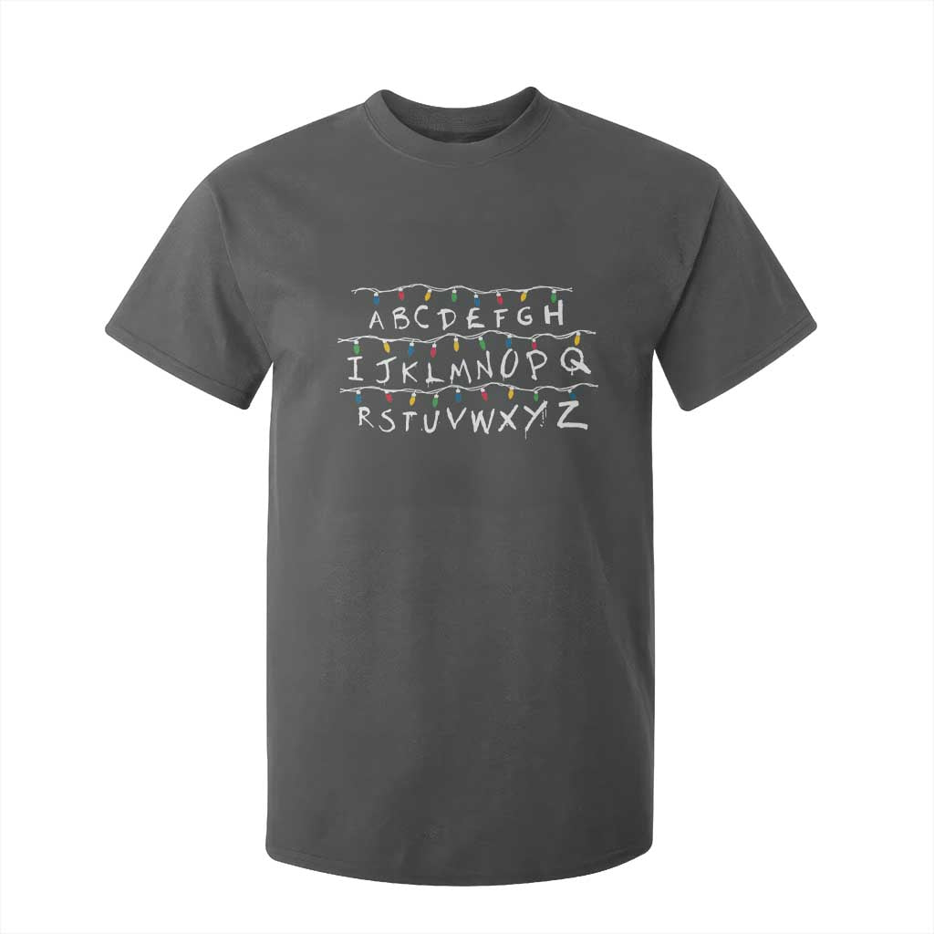 Funny Stranger Christmas T Shirt For Kid Alphabet Xmas Lights Movie TS11 Dark Heather Print Your Wear