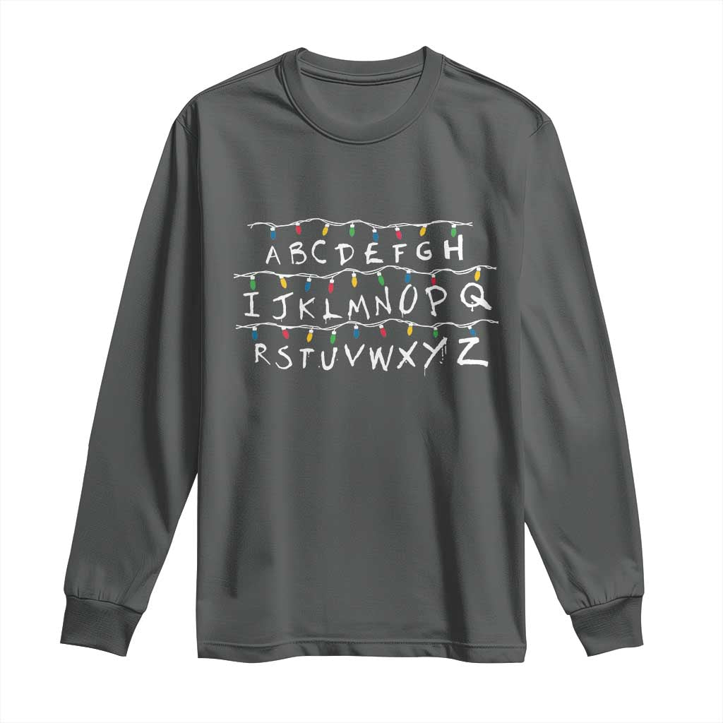 Funny Stranger Christmas Long Sleeve Shirt Alphabet Xmas Lights Movie TS11 Dark Heather Print Your Wear