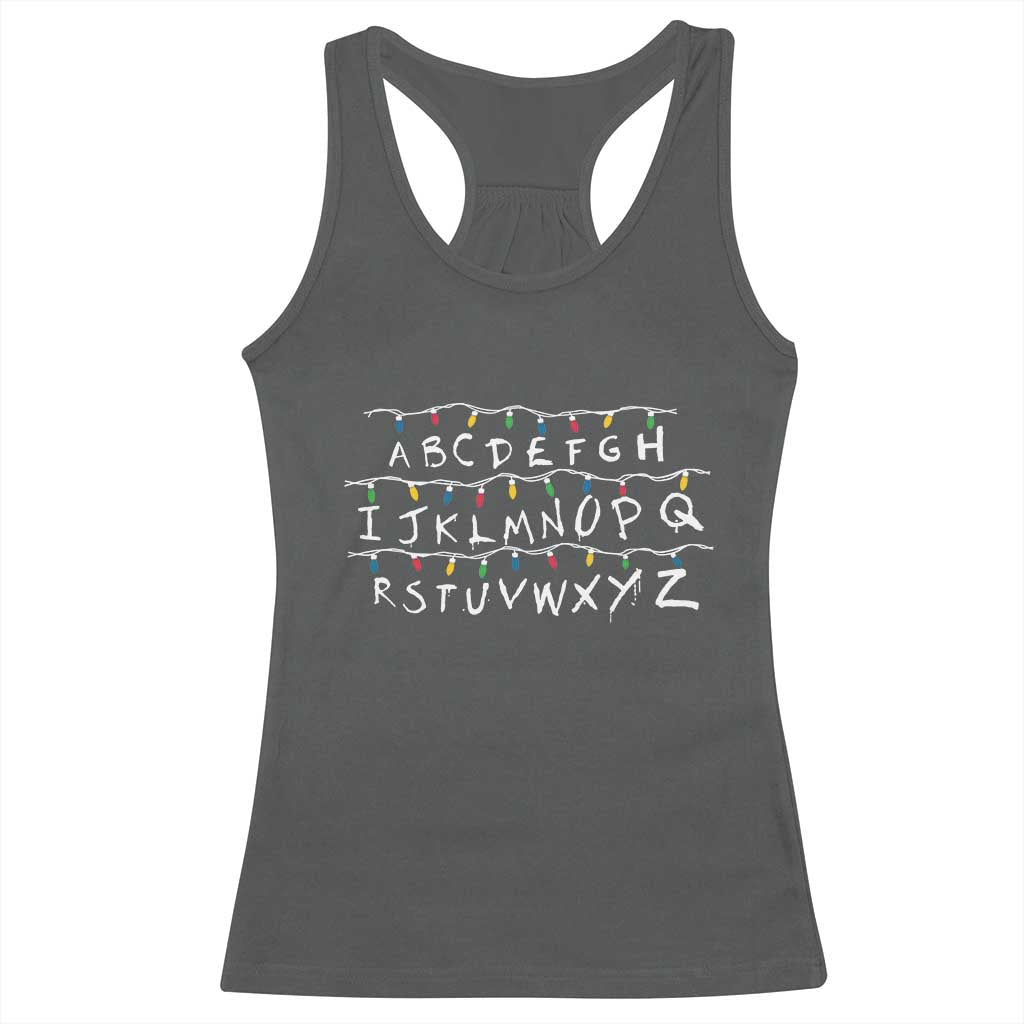 Funny Stranger Christmas Racerback Tank Top Alphabet Xmas Lights Movie TS11 Dark Heather Print Your Wear