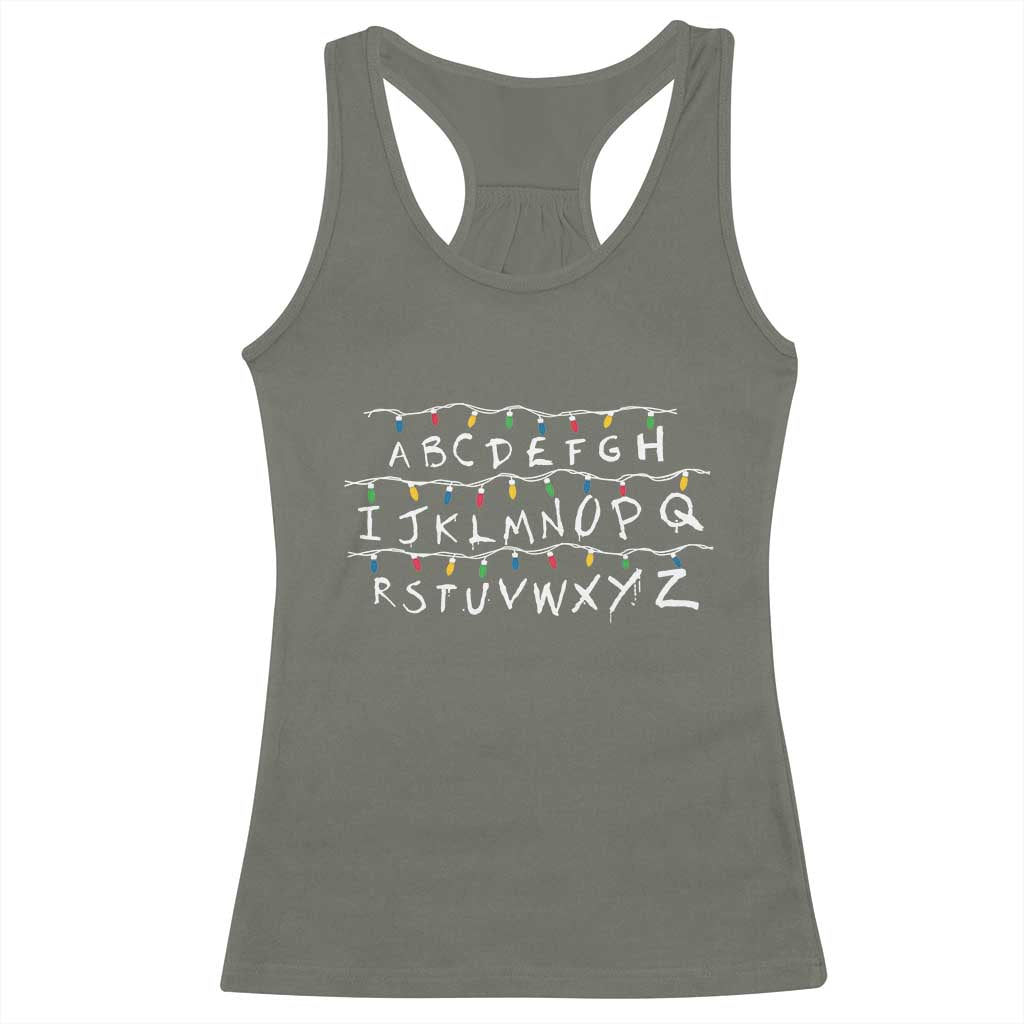 Funny Stranger Christmas Racerback Tank Top Alphabet Xmas Lights Movie TS11 Military Green Print Your Wear