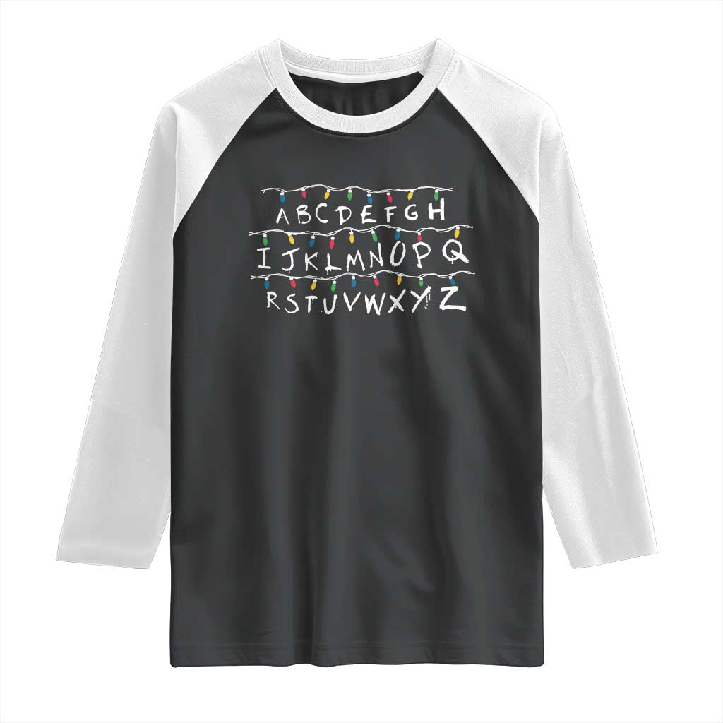 Funny Stranger Christmas Raglan Shirt Alphabet Xmas Lights Movie TS11 Black White Print Your Wear