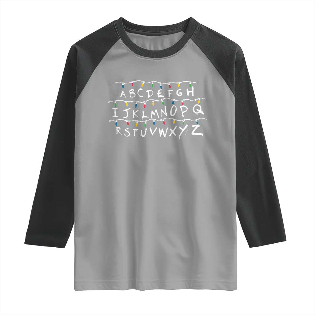 Funny Stranger Christmas Raglan Shirt Alphabet Xmas Lights Movie TS11 Sport Gray Black Print Your Wear