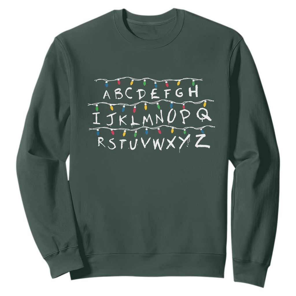 Funny Stranger Christmas Sweatshirt Alphabet Xmas Lights Movie TS11 Dark Forest Green Print Your Wear