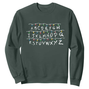 Funny Stranger Christmas Sweatshirt Alphabet Xmas Lights Movie TS11 Dark Forest Green Print Your Wear