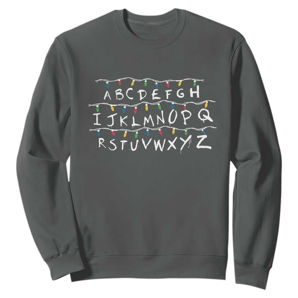 Funny Stranger Christmas Sweatshirt Alphabet Xmas Lights Movie TS11 Dark Heather Print Your Wear