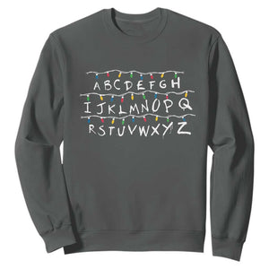Funny Stranger Christmas Sweatshirt Alphabet Xmas Lights Movie TS11 Dark Heather Print Your Wear