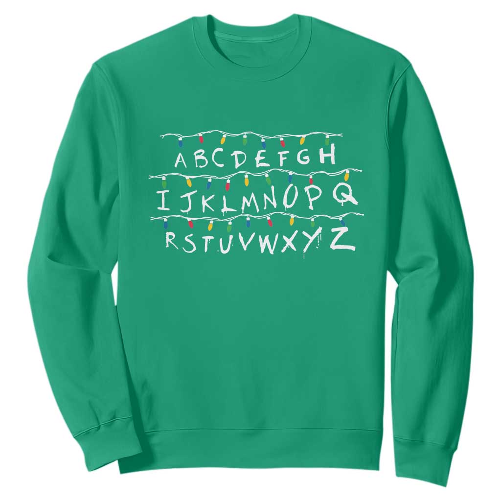 Funny Stranger Christmas Sweatshirt Alphabet Xmas Lights Movie TS11 Irish Green Print Your Wear