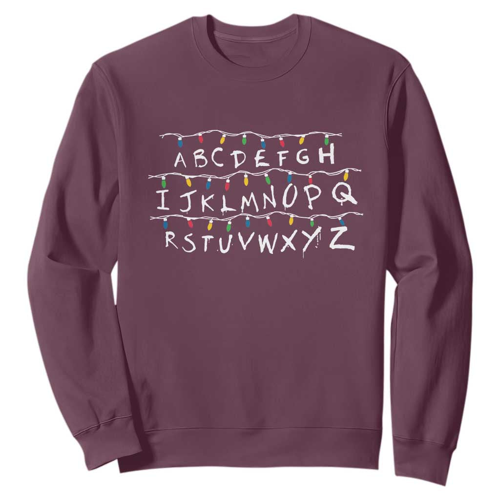 Funny Stranger Christmas Sweatshirt Alphabet Xmas Lights Movie TS11 Maroon Print Your Wear