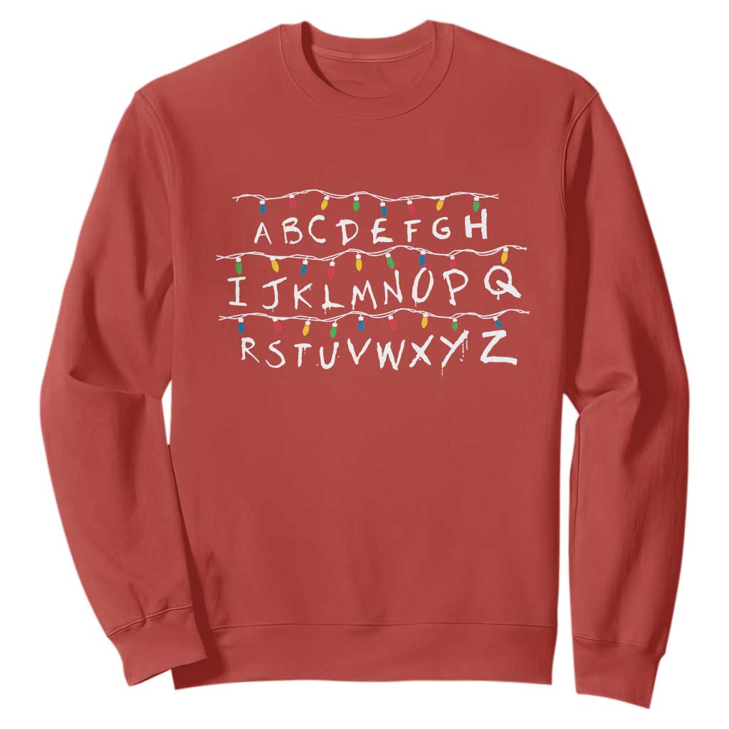 Funny Stranger Christmas Sweatshirt Alphabet Xmas Lights Movie TS11 Red Print Your Wear