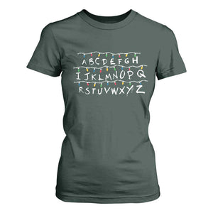 Funny Stranger Christmas T Shirt For Women Alphabet Xmas Lights Movie TS11 Dark Forest Green Print Your Wear